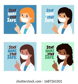 Set of cartoon women doctors of different races in protective masks. Vector flat illustration. Stay home, stay safe. Coronavirus Covid-19, quarantine motivational poster, banner or print.