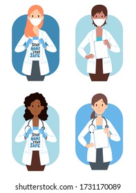 Set of cartoon women doctors of different races in protective masks. Vector flat illustration. Stay home, stay safe. Quarantine motivational poster, banner or print. Coronavirus Covid-19 awareness.