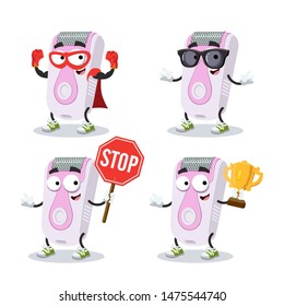 set of cartoon women's electric razor epilator character mascot on white background