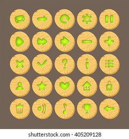Set of Cartoon wood buttons with web icons, isolated vector elements. Gui elements, vector isolated games assets.menu set for mobile games.vector GUI elements kit.Green glow
