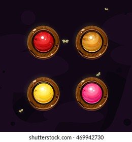 Set of cartoon wood elements  with colors gem middle.Vector gui assets collection for game design.