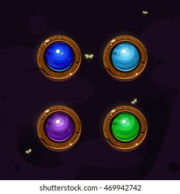 Set of cartoon wood elements  with colors gem middle.Vector gui assets collection for game design.