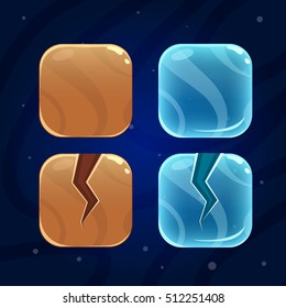 Set Of Cartoon Wood And Ice Blocks. Whole And Broken Blocks. Vector Game Ui.