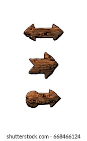 Set of cartoon wooden arrows. Vector image.