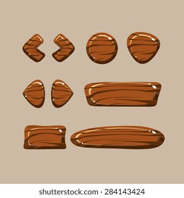 Set of cartoon wooden buttons with different shapes, vector gui elements