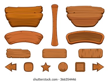 Set of cartoon wooden buttons with different shapes for game user interface (GUI GUI) development, Vector illustration