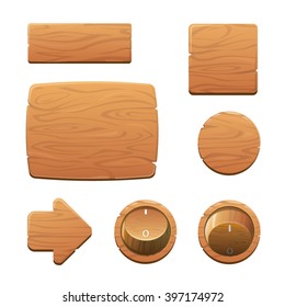 Set of cartoon wooden buttons with different shapes, vector gui elements. Buttons, triggers, arrow.