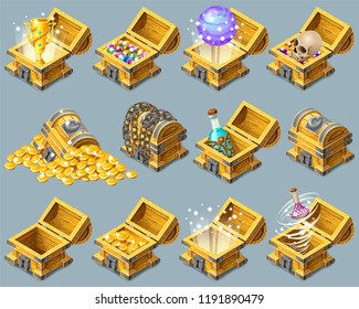 Set cartoon wooden isometric chests decorated silver with golden trophies, elixirs, potions, skull, money, coins and gems for computer game. Vector illustration on gray background.