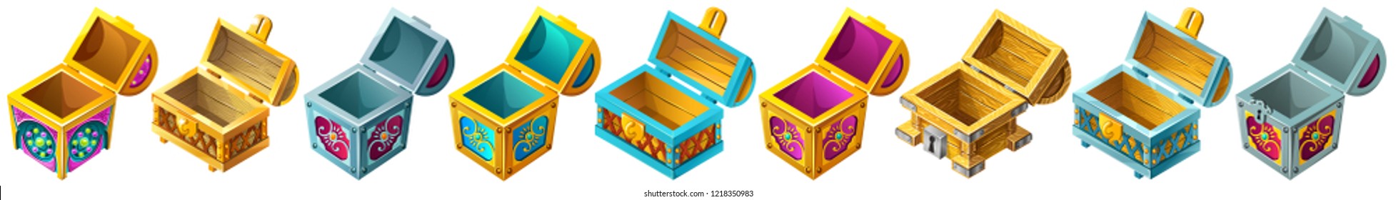 Set cartoon wooden isometric open chests decorated silver for computer game. Isolated vector illustration on white background.