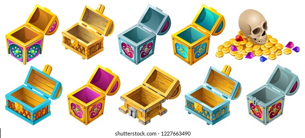 Set cartoon wooden isometric open chests decorated silver for computer game. Isolated vector illustration on white background.