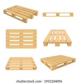 Set of cartoon wooden pallets flat vector illustration. Colorful wood pallets for stacking from different sides. Warehousing, cargo, transportation concept for advertising, banner or web design