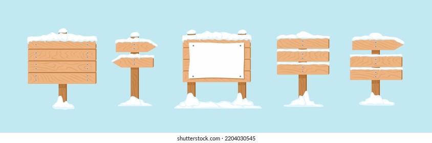 Set of cartoon wooden pointers in the snow. Vector signboard with sheet of white paper, banners and arrow isolated. Flat winter illustration.