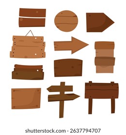 Set of cartoon wooden signs and planks in various shapes. Flat style isolated on white background.