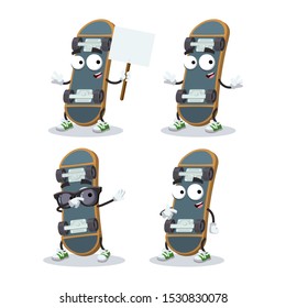 set of cartoon  wooden skateboard or longboard deck  character mascot on white background