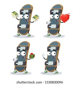 set of cartoon  wooden skateboard or longboard deck  character mascot on white background
