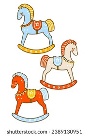 Set of cartoon wooden toy horses isolated on white for happy New Year and Christmas design