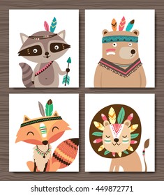 Set of cartoon woodland animals. Raccoon, bear, fox and lion.