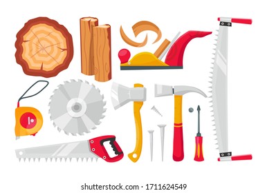 Set cartoon woodworking tools vector illustration isolated on white background. Wood, circular saw, two-handed saw, planer, ax, hammer, nails, screwdriver, tape measure. Carpentry equipment elements. 