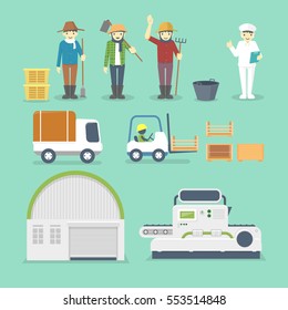 Set of Cartoon Workers and Factory Machines - vector illustration