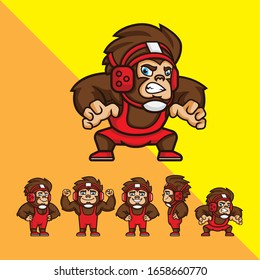 Set Of Cartoon Wrestler Monkey With Some Pose. Logo Mascot Character Illustration Vector