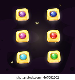 Set of cartoon yellow button with colors gems.