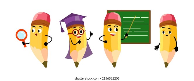 Set of cartoon yellow pencils with emoji faces and eraser. Childish school characters pencils mascot crayons wearing graduation cap and writing on board isolated on white. Vector illustration