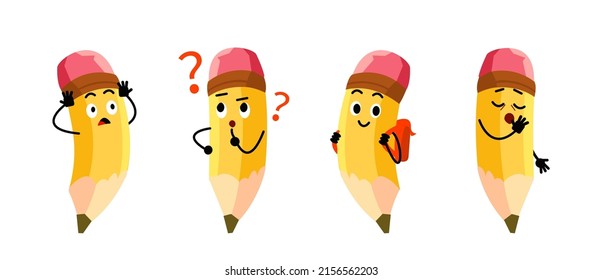 Set of cartoon yellow pencils school characters with emoji faces and eraser. Childish pencils mascot crayons asking question, frustrated, scared and tired. Vector illustration