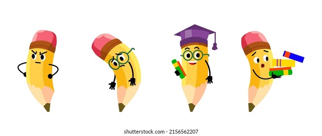 Set of cartoon yellow pencils school characters with emoji faces and eraser. Childish pencils mascot crayons wearing graduation cap sad and unhappy. Vector illustration