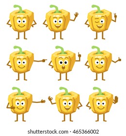 Set of cartoon yellow pepper characters showing different hand gestures. Cheerful pepper showing thumb up, greeting, pointing, stop, victory sign and other hand gestures. Simple vector illustration