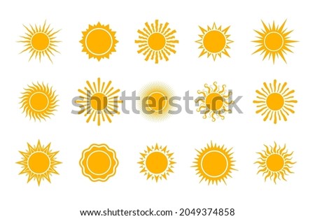 Set of cartoon yellow suns. Vector illustration isolated on white background. Summer, sunlight, nature, sky.