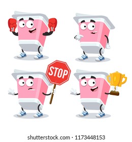 set of cartoon yogurt in plastic package character mascot on white background