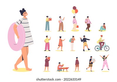 Set of cartoon young or little girl holding swimming ring in different lifestyle situations and poses: riding bicycle, broken piggy bank and holding present gift box. Flat vector illustration
