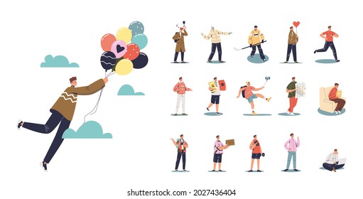 Set of cartoon young man fly holding air balloons in different situations and poses: travel with map, play hockey, work on laptop, taking selfie photo on smartphone. Flat vector illustration