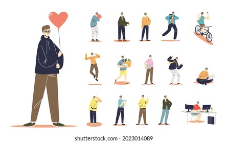 Set of cartoon young man in hoodie holding heart shape air balloon in different situations and poses: riding bike, working on computer or laptop, playing games, running. Flat vector illustration