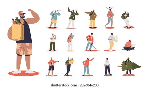 Set of cartoon young man sportive hold shopping bags with vegetables in different situations and poses: carry kid on shoulders, eat street food, boy grocery on quarantine. Flat vector illustration