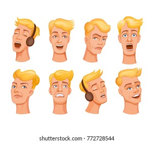 Set of cartoon young men face expresses emotions. Different expressions of male faces. Facial expressions with offense, humor, confusion, irony, skeptical, horror, love and romance