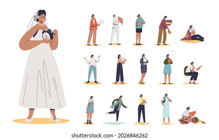 Set of cartoon young woman bride wearing wedding dress in different lifestyle situations and poses: riding bike, working on computer or laptop, playing games, running. Flat vector illustration