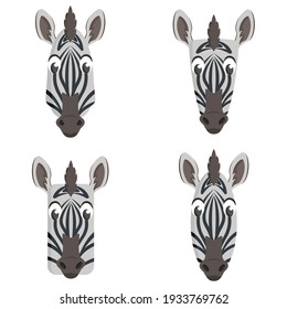 Set of cartoon zebras. Different shapes of animal heads.