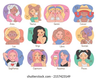 Set of cartoon zodiac signs girls