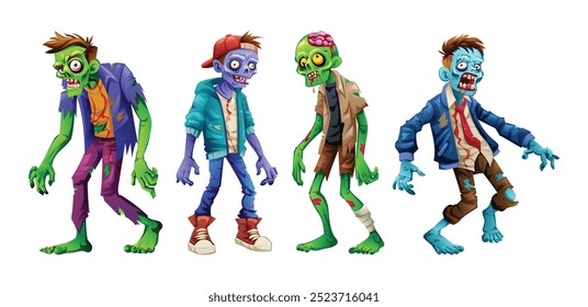 Set of cartoon zombie characters with different poses. Vector illustration