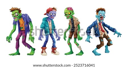 Set of cartoon zombie characters with different poses. Vector illustration