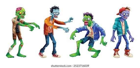 Set of cartoon zombie characters standing in various poses with creepy expressions. Vector illustration