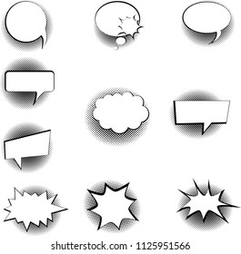 Set of cartoon,comic speech bubbles. Empty dialog clouds with halftone dot background in pop art style. Vector lllustration for comics book, promotional material.