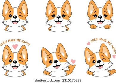 Set of cartoonish happy portraits of a welsh corgi. Vector