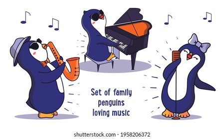 The set of cartoonish penguins is playing the musical instruments. The collection of family animals loving music is good for World Music day designs. The clipart is a vector illustration