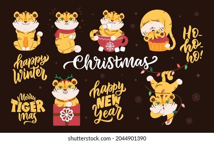 The set of cartoonish tigers is good for Merry Christmas and Happy New Year designs. The cute animals and holiday quotes is good for logos 2022. The vector illustration