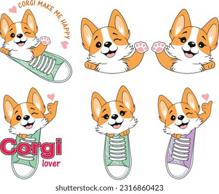 Set of cartoonish welcoming portraits of a welsh corgi. Vector