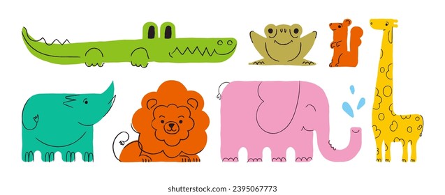 Set of Cartoons with animals. Hand drawn elephant, giraffe, lion, crocodile, rhinoceros, squirrel and toad on a white background. Children's theme.