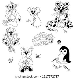 A set of cartoons black and white of different animals: a kitten, a dog with a bone, a rabbit with carrots, a bear with honey, a tiger, a penguin with a fish, a hedgehog with an apple and a mushroom.