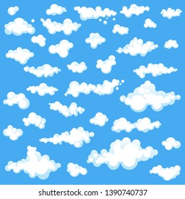 Set of cartoons clouds in different shapes isolated on blue background. Vector illustration in flat design.